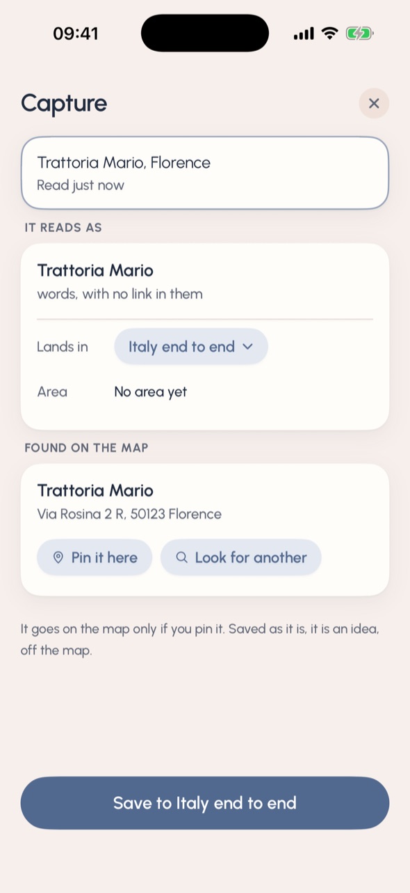 Capture: Trattoria Mario, Florence, pasted and found on the map at Via Rosina 2 R, with Save to Italy end to end.
