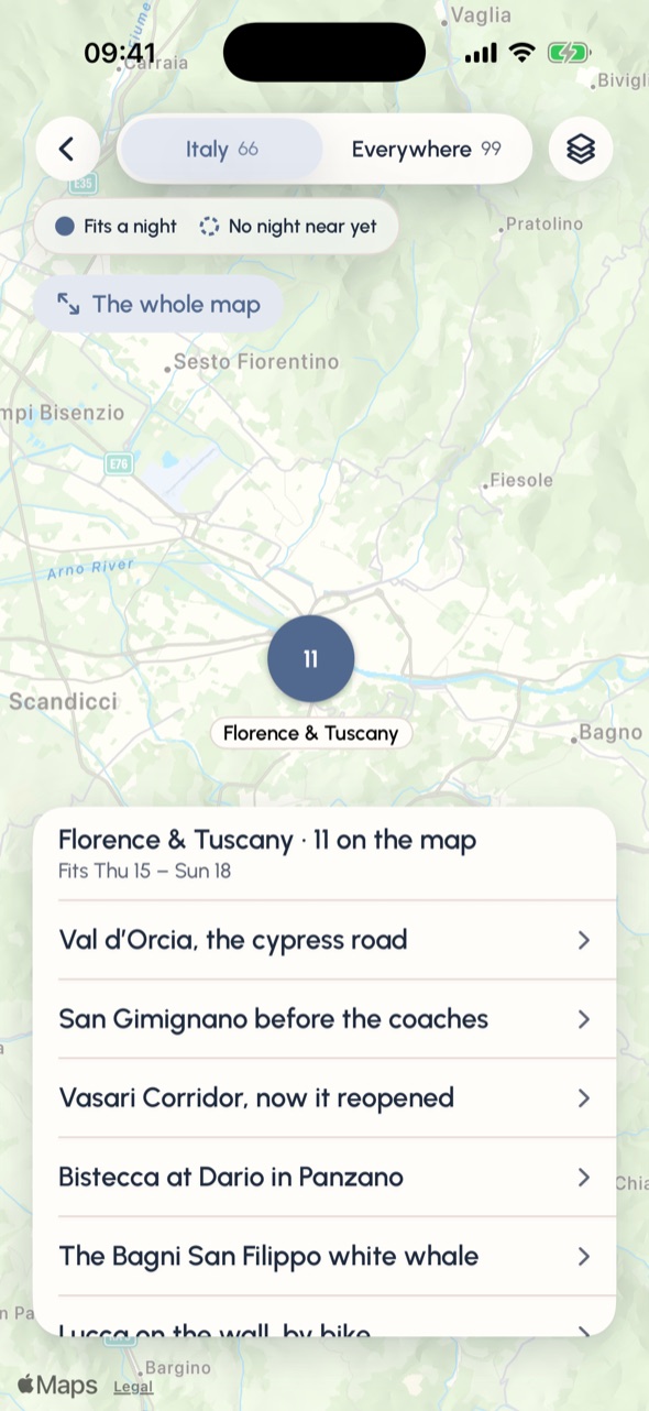 Ideas on the map: Florence & Tuscany, 11 ideas that fit Thu 15 to Sun 18, among them Val d'Orcia, San Gimignano and the Vasari Corridor.