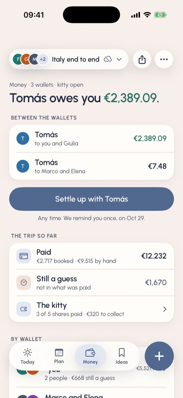 Money on the Italy trip: Tomás owes you €2,389.09, with Settle up with Tomás, €12,232 paid so far and a kitty with 3 of 5 shares paid.