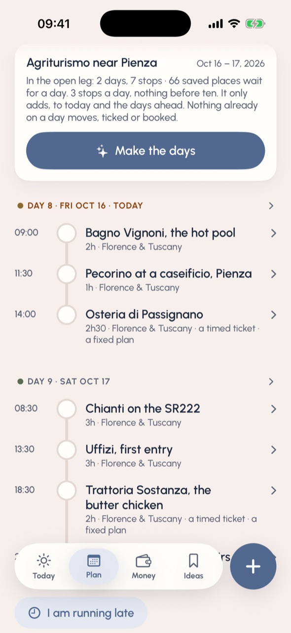 Plan on the Italy trip: today, day 8, with Bagno Vignoni, a pecorino dairy in Pienza and Osteria di Passignano; day 9 with the Chianti road, the Uffizi and Trattoria Sostanza.