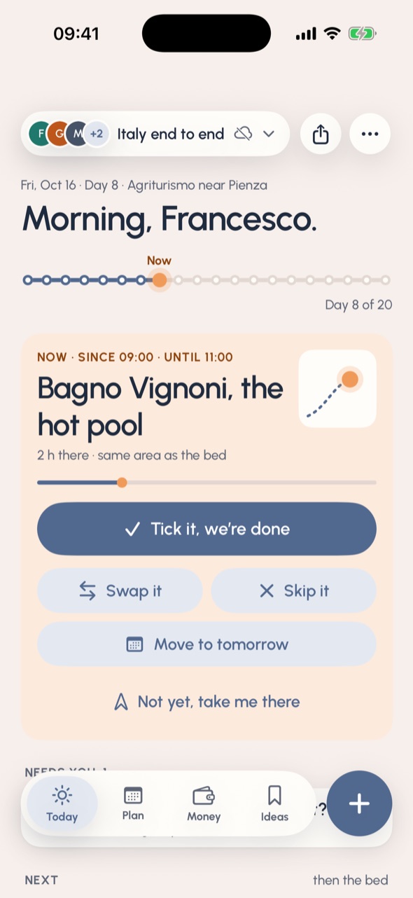 ndemo on iPhone, Today on the Italy trip: Morning, Francesco. Day 8 of 20, and now Bagno Vignoni, the hot pool.