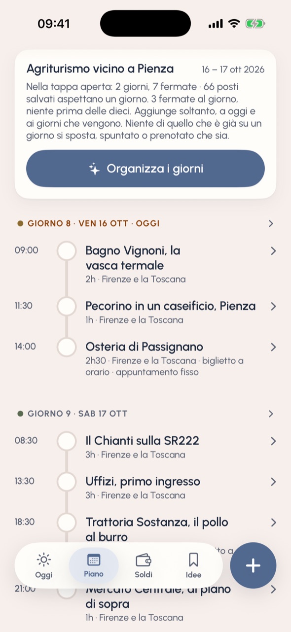 Piano del viaggio in Italia: oggi, giorno 8, con Bagno Vignoni, un caseificio a Pienza e l'Osteria di Passignano; il giorno 9 con il Chianti, gli Uffizi e la Trattoria Sostanza.