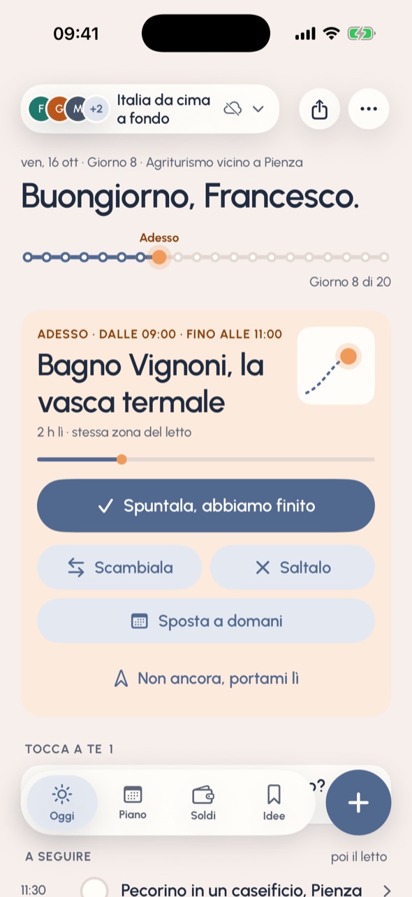 ndemo su iPhone, Oggi sul viaggio in Italia: Buongiorno, Francesco. Giorno 8 di 20, e adesso Bagno Vignoni, la vasca termale.